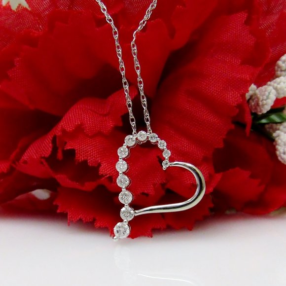 14k White Gold Diamond Journey Heart Necklace - Picture 2 of 8